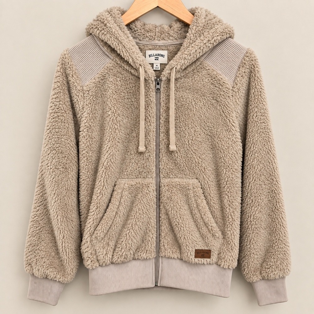 Billabong Cozy Down Sherpa Fleece Full Zip Hoodie Jacket Tan NWT Cabincore M